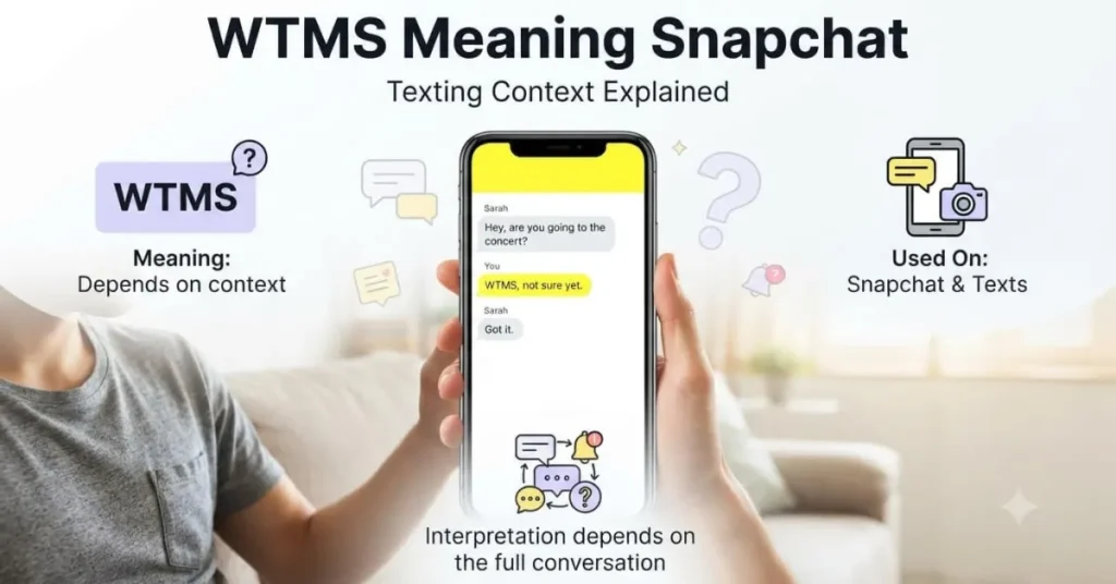  Educational infographic explaining WTMS meaning on Snapchat with a simple chat example and social media context.
