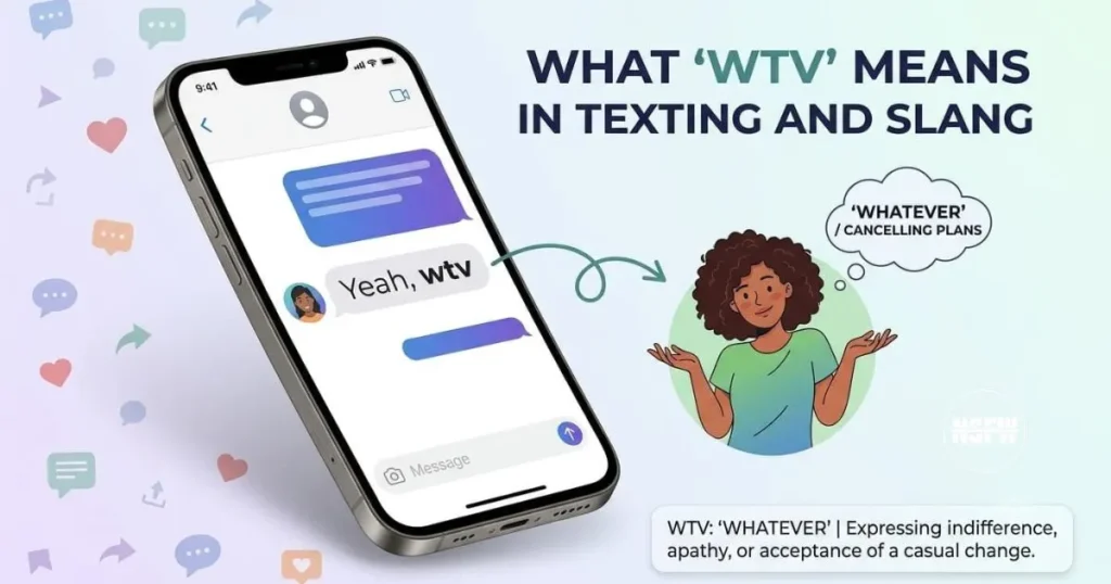 Informative image explaining WTV meaning in texting and how the abbreviation is used in casual online conversations.