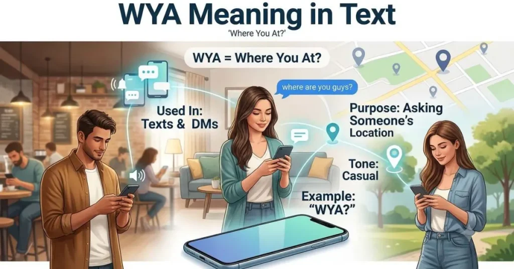 Infographic explaining WYA meaning in text with simple examples of asking where someone is in a conversation.