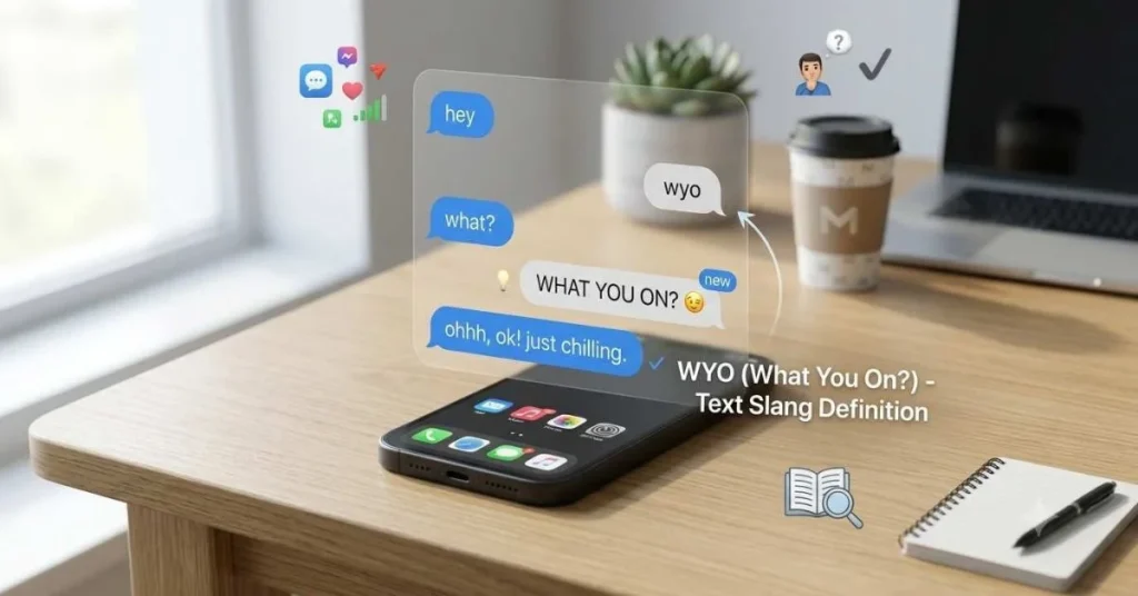  Informational smartphone illustration showing how WYO is used in everyday text conversations.