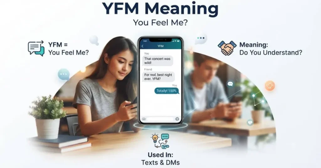 Educational infographic explaining YFM meaning with a realistic texting conversation and common slang usage.
