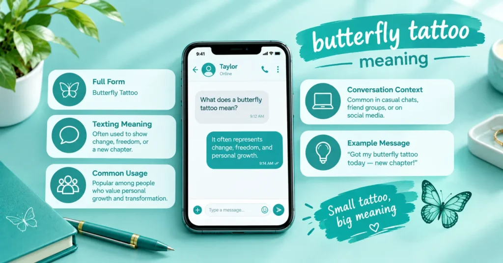 Butterfly tattoo meaning infographic showing a smartphone conversation, butterfly tattoo, and key meanings such as transformation, freedom, and new beginnings.