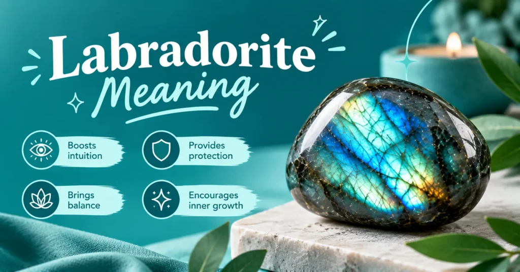Labradorite meaning infographic with a glowing labradorite gemstone and simple icons highlighting intuition, protection, balance, and inner growth.