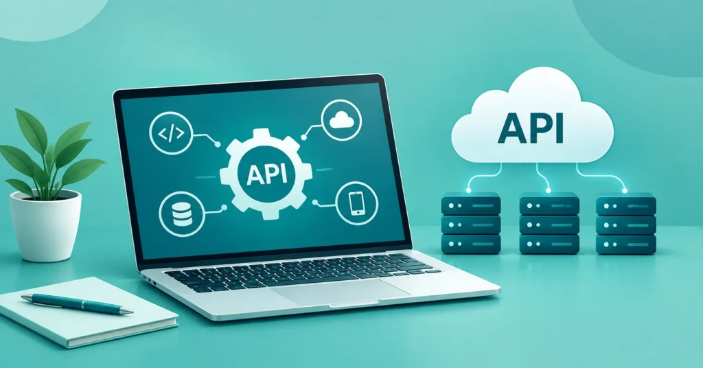 API meaning infographic showing a laptop, API gear, cloud services, database, and connected servers in a teal technology design.