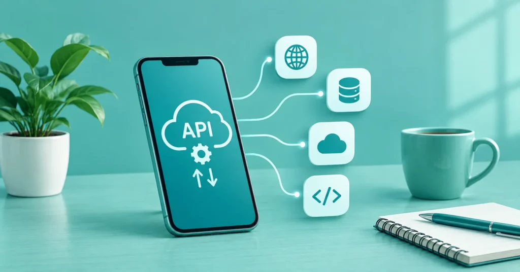 API meaning illustration featuring a smartphone with an API cloud, data connections, web, database, cloud, and coding icons.