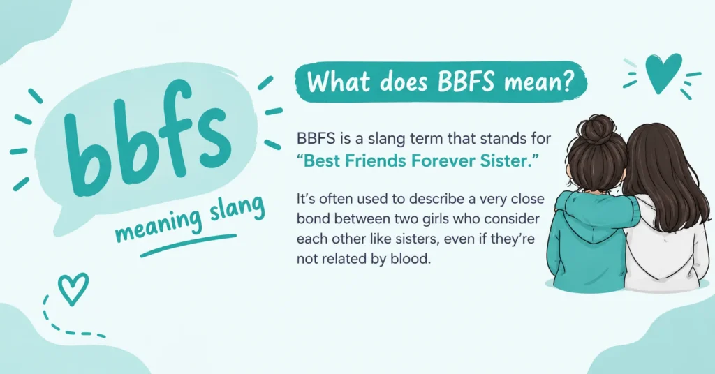 BBFS meaning slang infographic explaining that BBFS stands for “Best Friends Forever Sister” and describes a close friendship between two girls who consider each other like sisters.