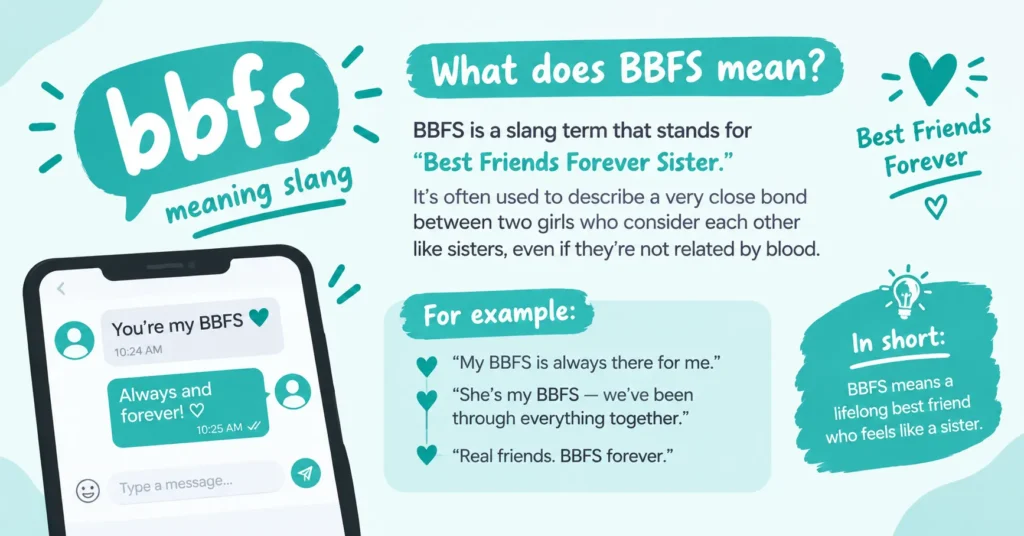 BBFS meaning slang infographic showing BBFS used in text messages, with examples describing a lifelong best friend who feels like a sister.