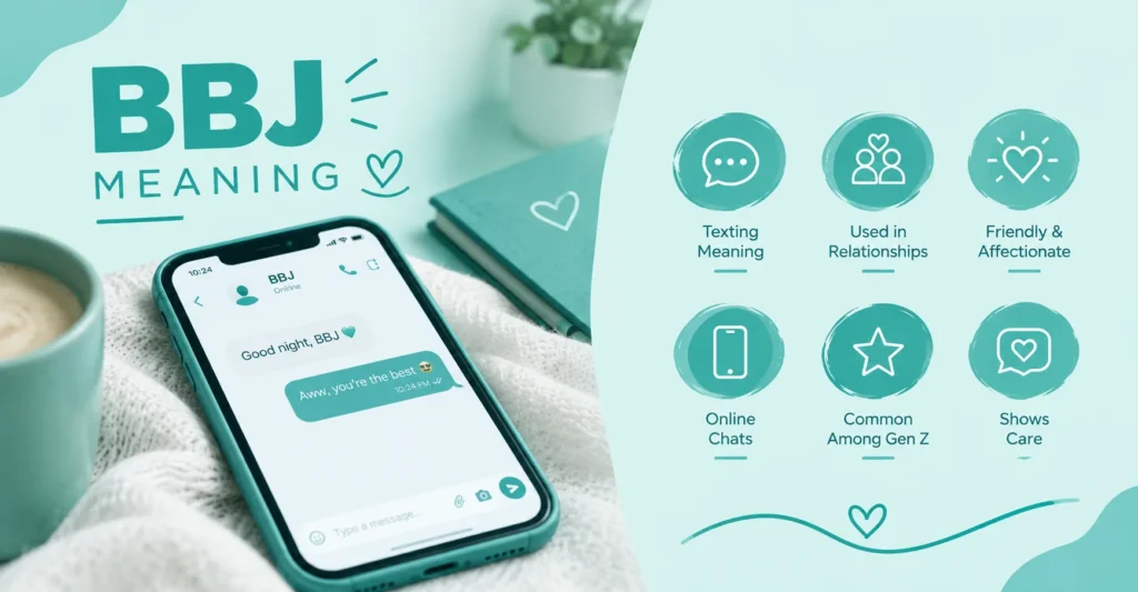 BBJ meaning infographic with a smartphone chat and simple icons showing texting, relationships, friendly affection, online chats, and care.