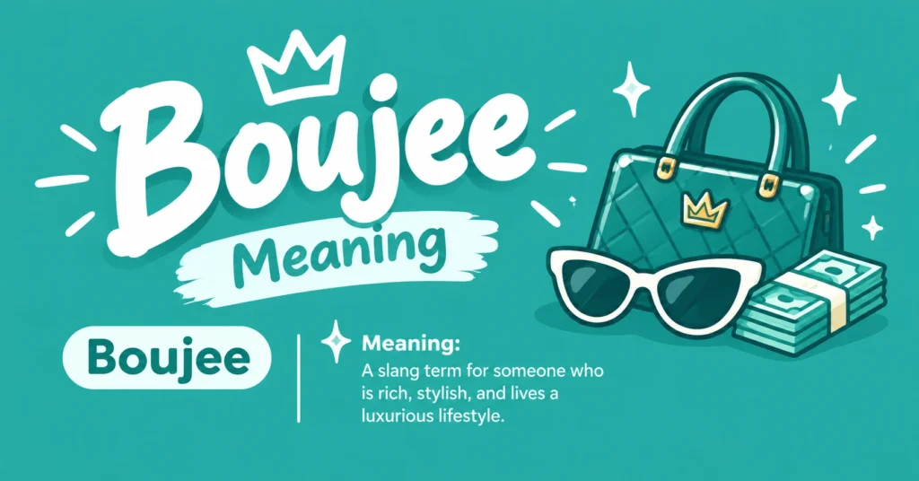 “Boujee meaning infographic on a teal background, featuring a crown, luxury handbag, sunglasses, and cash, with a definition describing a rich, stylish, luxurious lifestyle.”