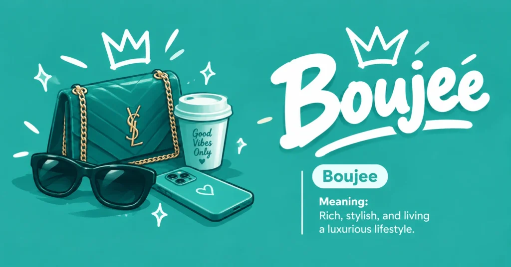 “Boujee infographic on a teal background, featuring a luxury handbag, sunglasses, coffee cup, smartphone, crown, and the definition ‘Rich, stylish, and living a luxurious lifestyle.’”