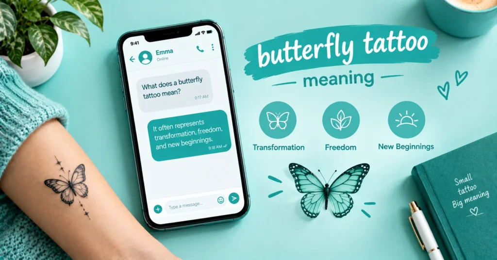 Butterfly tattoo meaning graphic featuring a delicate butterfly tattoo, smartphone chat, and simple icons representing transformation, freedom, and new beginnings.