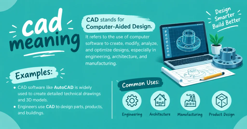 CAD meaning infographic showing Computer-Aided Design software used to create and modify drawings and 3D models.