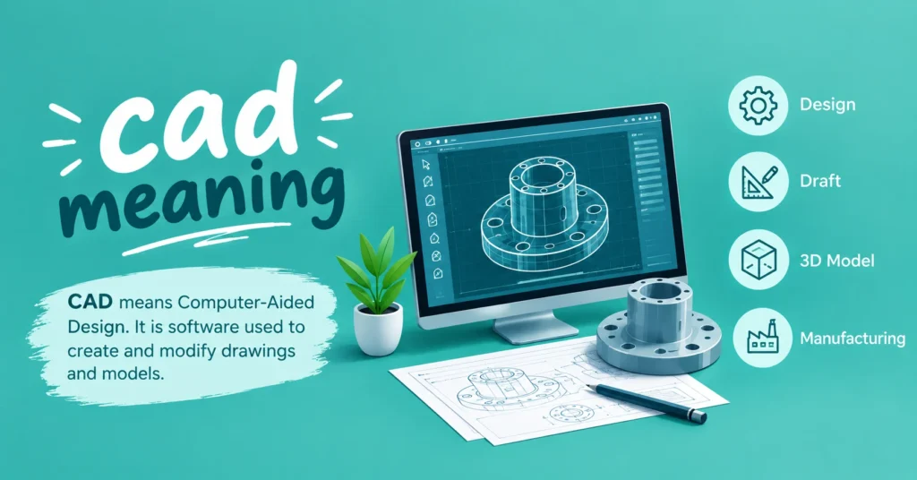 CAD meaning graphic with a computer-aided design monitor, 3D model, blueprint, and icons for design, drafting, and manufacturing.