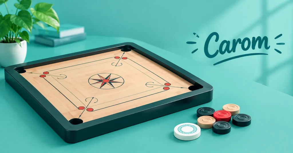 Carom board with colorful carrom coins on a teal background, showing the meaning and concept of the carom game.