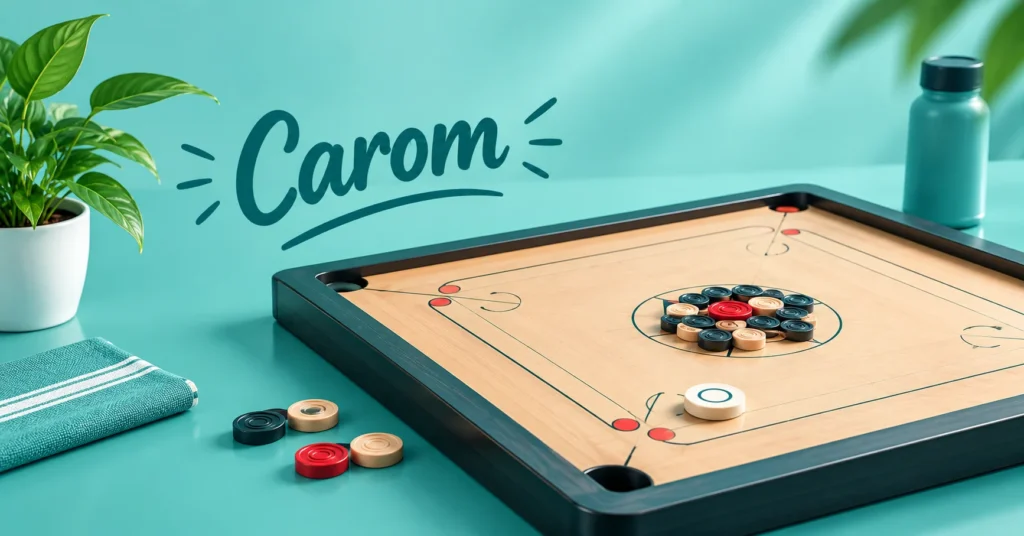 Modern carom board with black, cream, and red coins on a teal surface, illustrating the carom game and its playing setup.