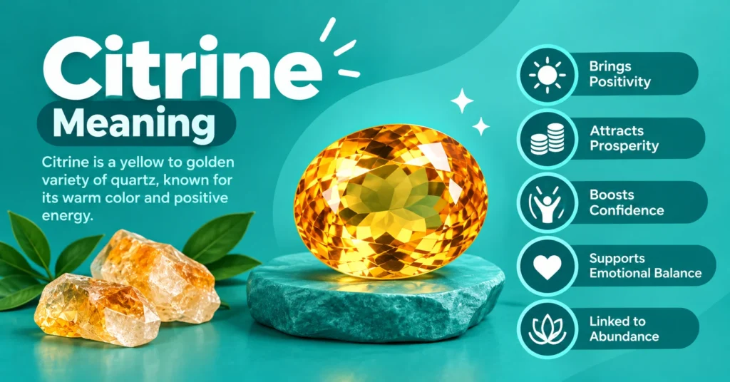 Citrine meaning explained with a golden gemstone, positivity, prosperity, confidence, and abundance