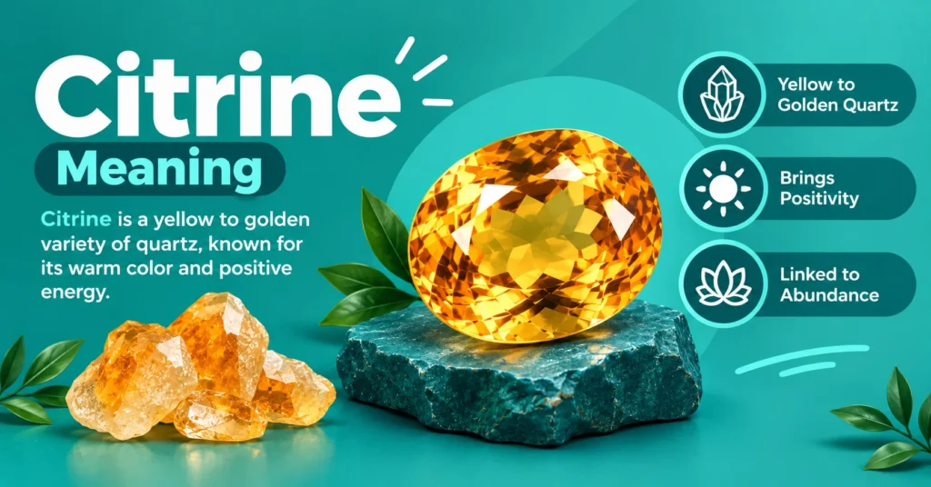 Citrine meaning infographic showing yellow golden quartz, positivity, and abundance