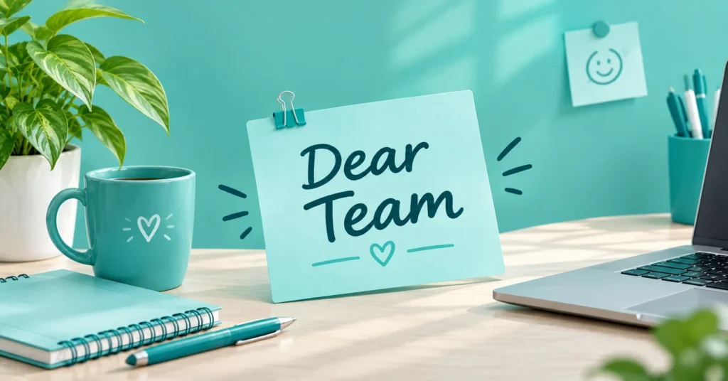 Dear Team phrase displayed on a workplace note with a modern teal office setting.