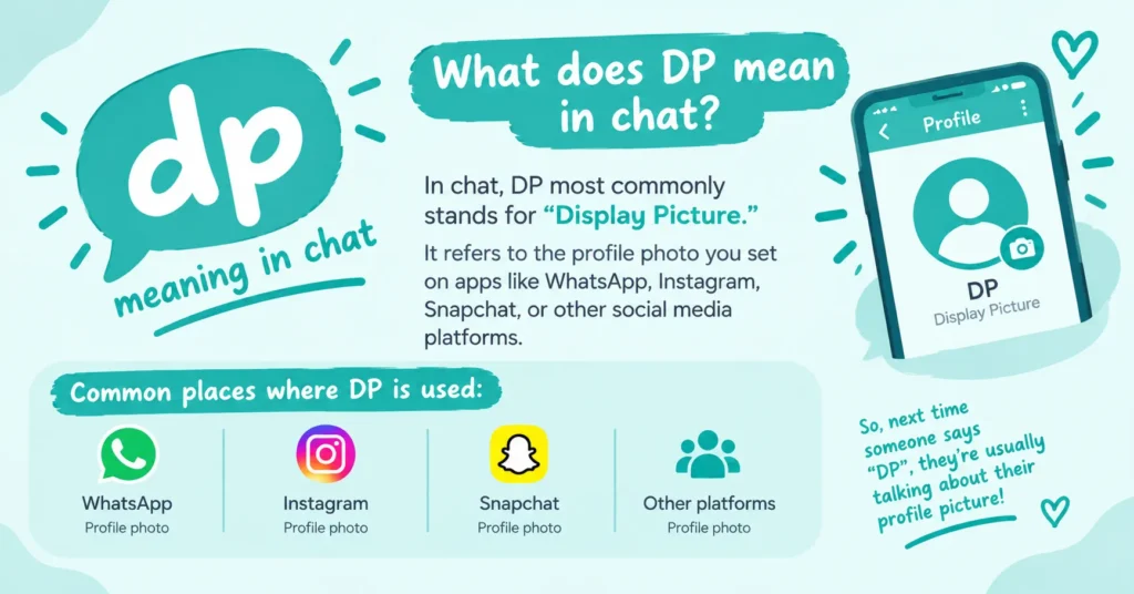 DP meaning in chat infographic explaining that DP commonly stands for Display Picture, the profile photo used on messaging and social media apps.
