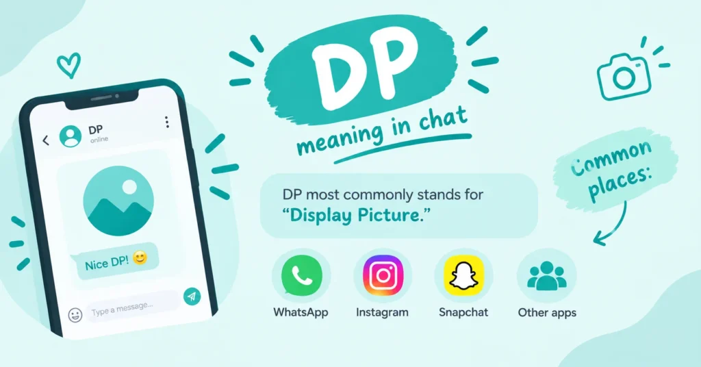 DP meaning in chat infographic showing Display Picture as the common meaning of DP, with a phone profile image and popular messaging and social media apps.
