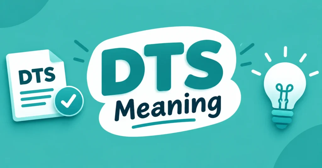 DTS meaning infographic showing the abbreviation “DTS” with a document and checkmark icon on a teal background.