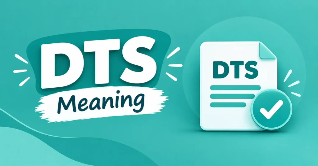 DTS meaning graphic featuring large “DTS Meaning” text and a verified DTS document illustration on a teal background.