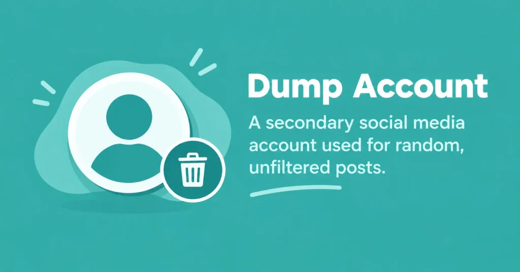 “Dump Account meaning infographic showing a secondary account for random, unfiltered posts.”
