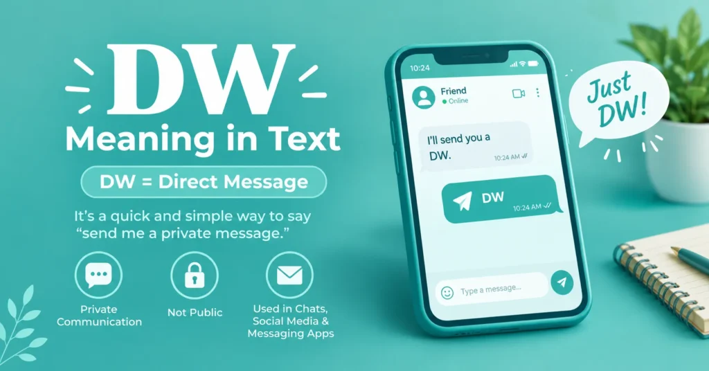 DW meaning in text infographic showing “DW = Direct Message” with a smartphone chat, messaging icons, and private communication symbols.
