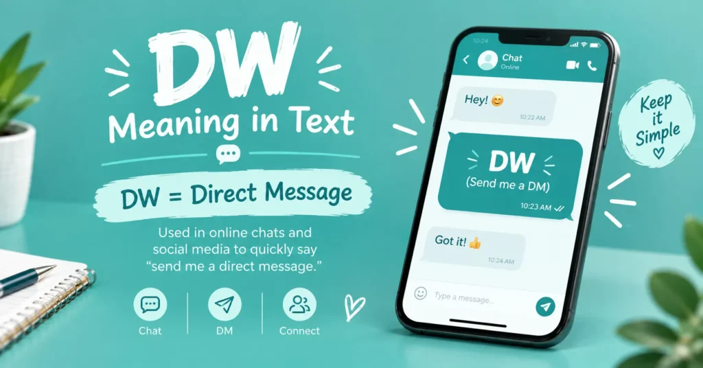 DW meaning in text graphic explaining “DW = Direct Message” with a phone conversation, private message icons, and social messaging visuals.
