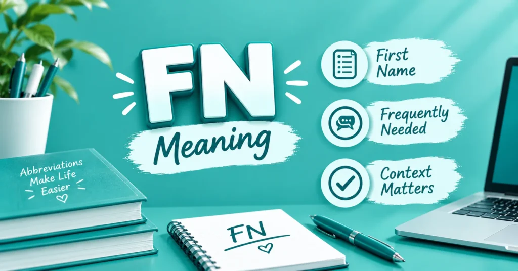 FN meaning infographic showing First Name, Frequently Needed, and Context Matters in a teal educational design.