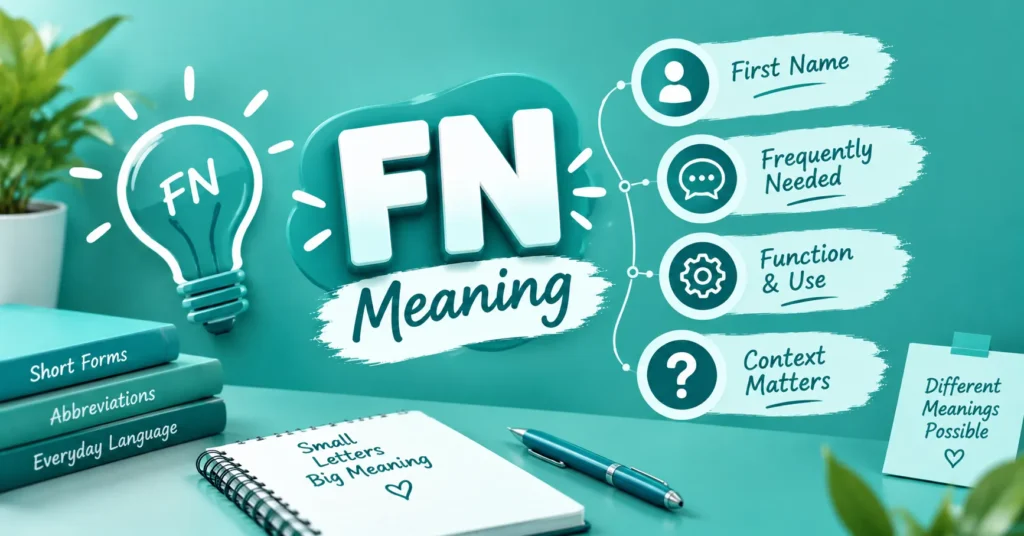 FN meaning infographic with a lightbulb concept, First Name, Frequently Needed, Function & Use, and Context Matters.