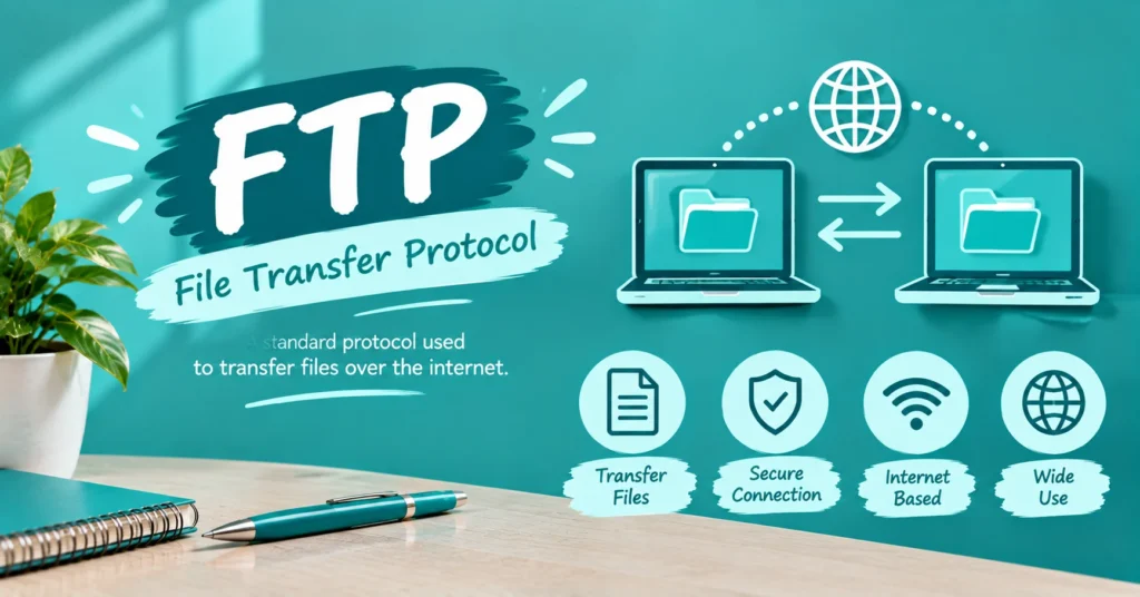 FTP meaning infographic showing File Transfer Protocol with a laptop transferring files to a remote server over the internet.