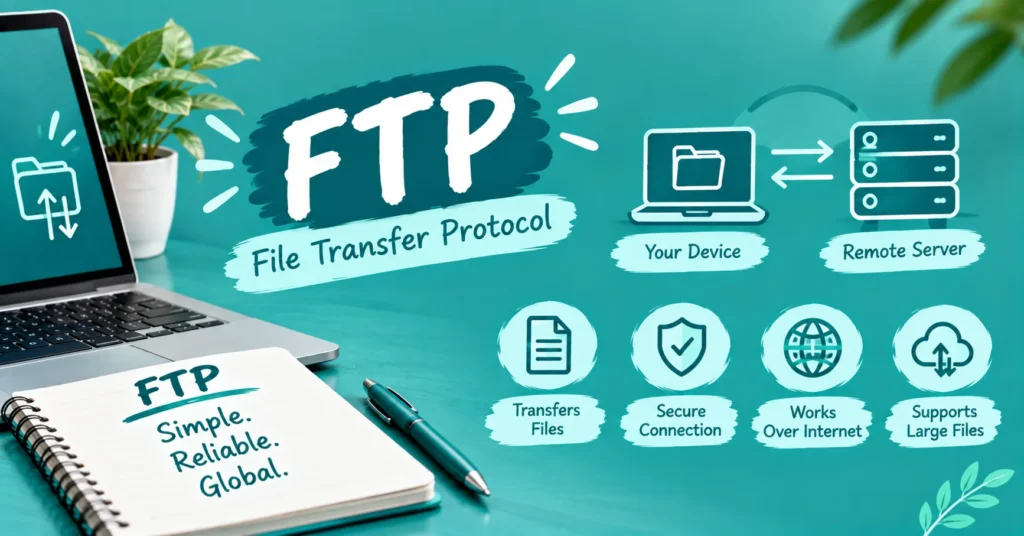 FTP meaning infographic explaining File Transfer Protocol with two laptops exchanging files, a globe icon, and simple file-transfer and internet symbols.