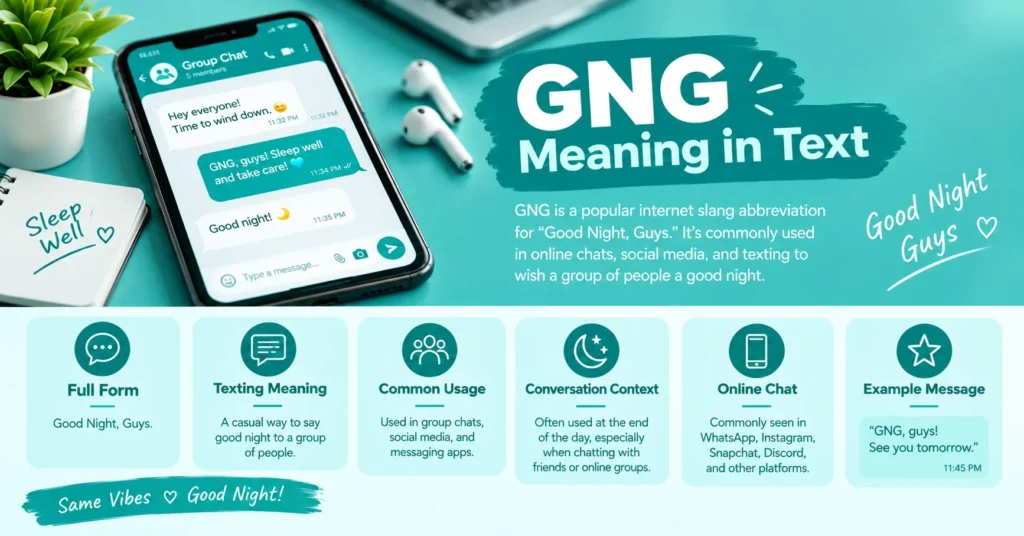 GNG meaning in text infographic explaining Good Night, Guys, with examples of its use in group chats and social media.