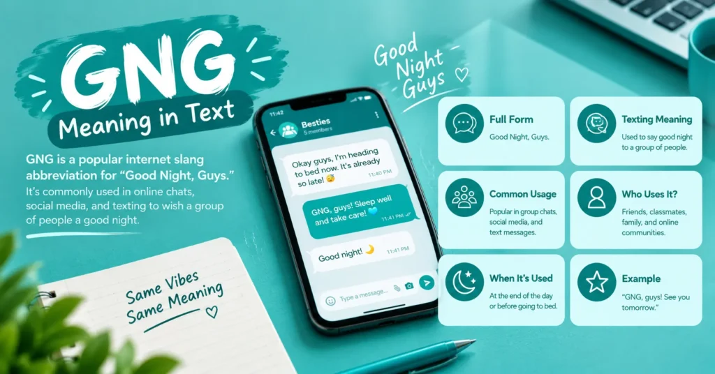 GNG meaning in internet slang infographic showing Good Night, Guys, common usage, texting context, and example message.