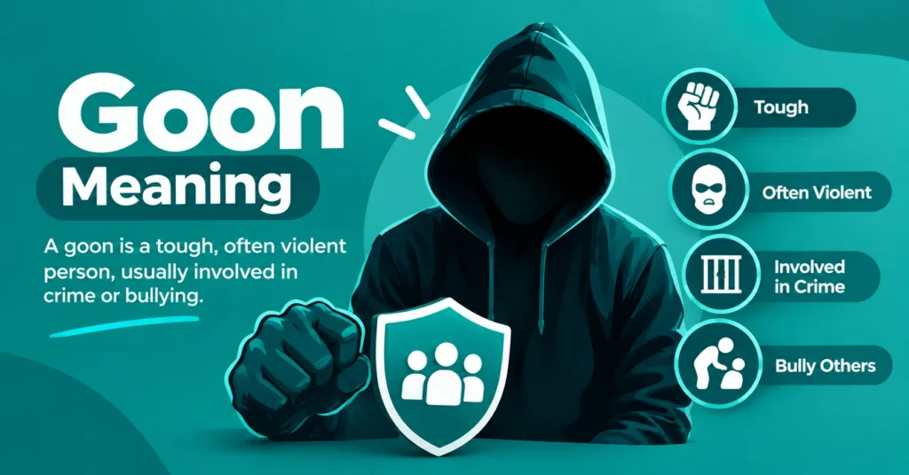 oon meaning explained with a hooded figure and icons showing toughness, crime, and bullying