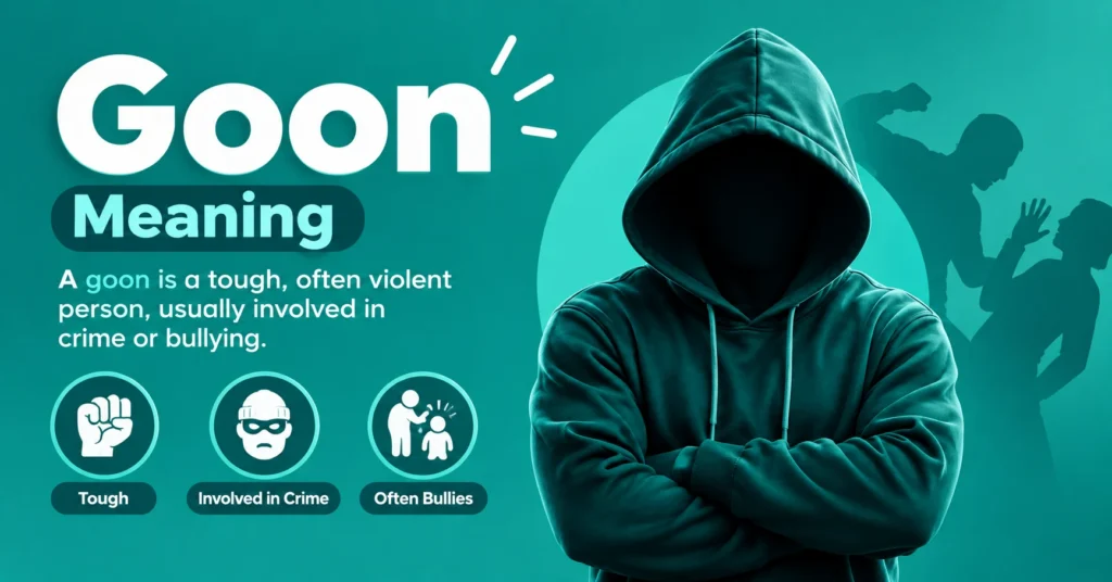 Goon meaning infographic showing a tough person, violence, crime involvement, and bullying