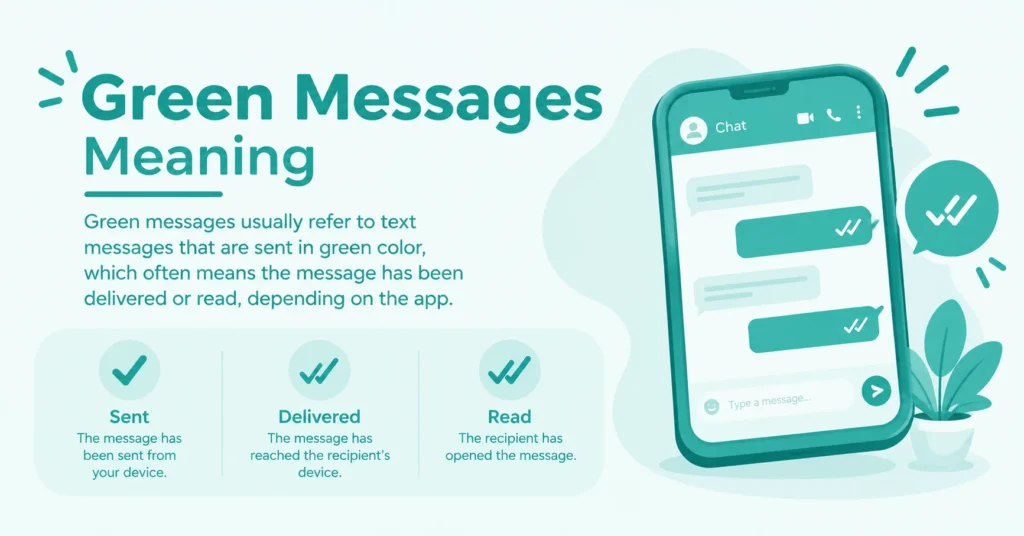 Green messages meaning with chat bubbles showing sent, delivered, and read message status