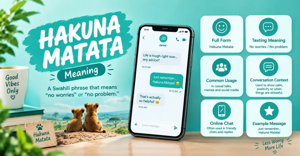 Hakuna Matata meaning infographic with a tropical sign, beach landscape, and icons showing no worries, positivity, and enjoying life in teal.