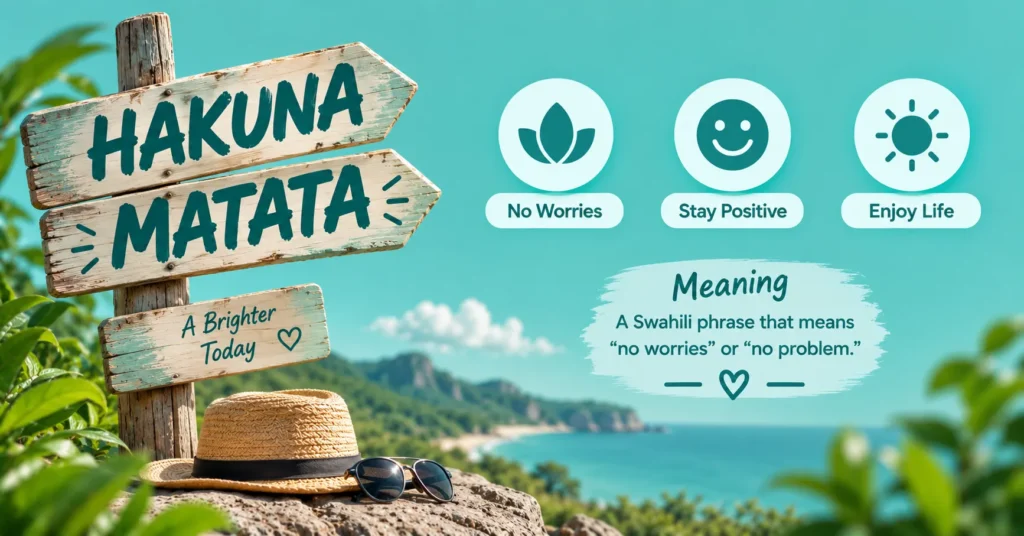 Hakuna Matata meaning explained with a travel journal, savanna scenery, backpack, and teal infographic cards about positivity, peace, and no worries.