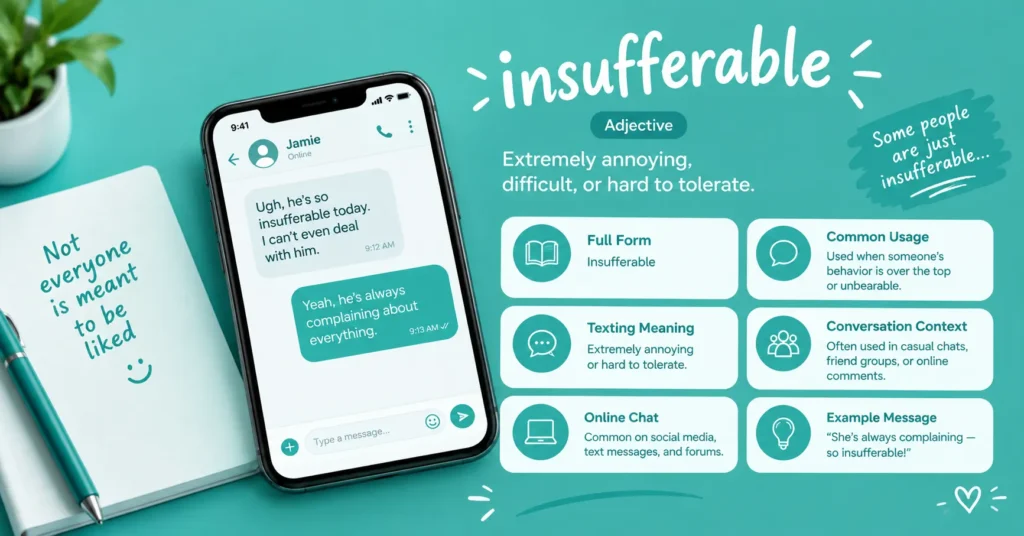 Insufferable meaning explained with a smartphone chat showing the word in context, including its texting meaning, common usage, conversation context, and example message in a teal infographic.