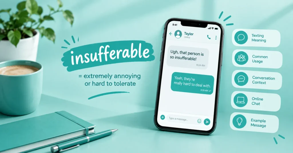 Insufferable meaning infographic featuring a smartphone conversation, coffee cup, notebook, and a simple definition showing that insufferable means extremely annoying or hard to tolerate.