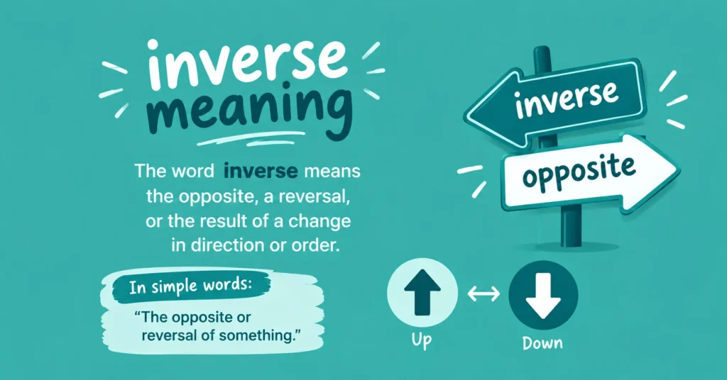 Inverse meaning infographic showing the meaning of inverse as the opposite or reversal, with up and down arrows and a signpost.