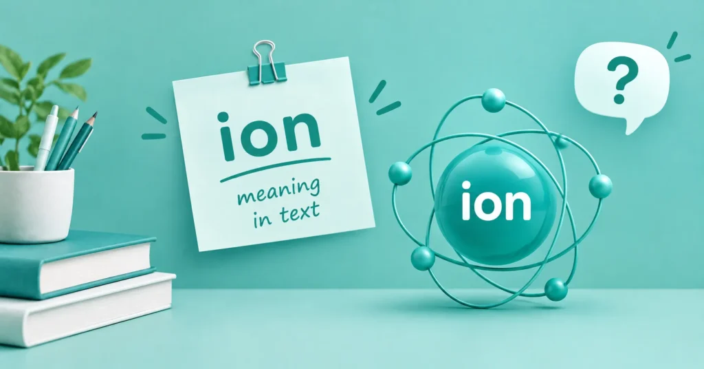 Ion meaning in text shown with a smartphone, Na+ ion illustration, and teal educational design.