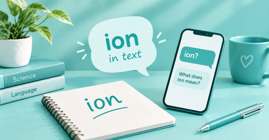 Ion meaning in text infographic featuring a smartphone chat, notebook, books, and teal study setup.