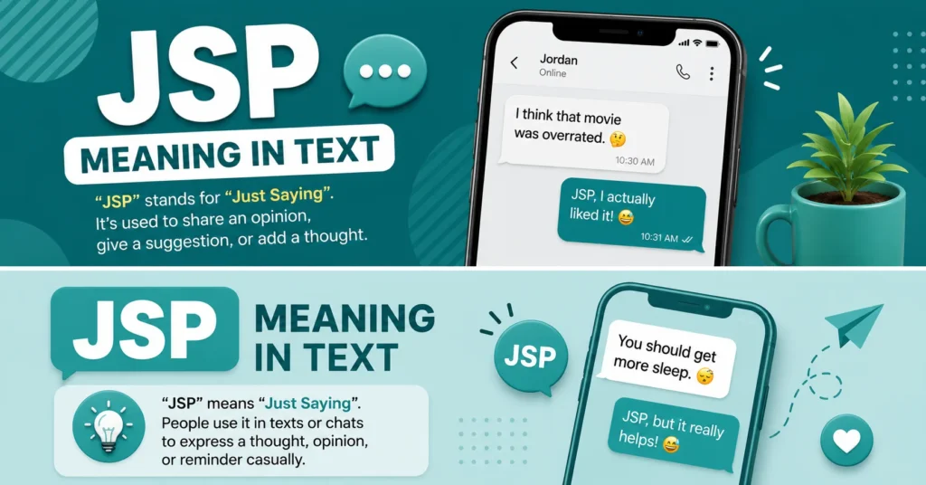 JSP meaning in text infographic explaining “Just Saying” with a casual opinion example in a smartphone chat.