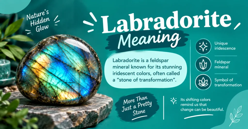 Labradorite meaning infographic featuring an iridescent blue and gold labradorite gemstone, explaining its feldspar mineral identity and association with transformation.