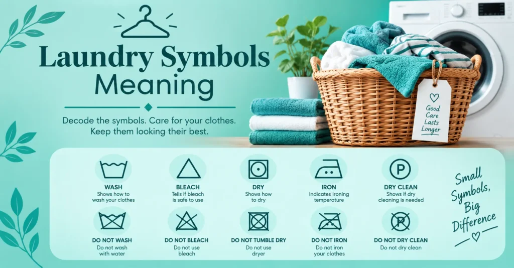 Laundry symbols meaning guide showing wash, bleach, dry, iron, and dry-cleaning symbols