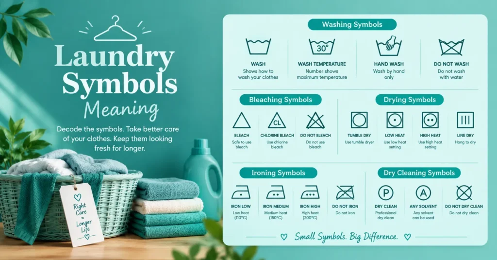 Laundry symbols meaning infographic explaining washing, bleaching, drying, ironing, and dry-cleaning care symbols