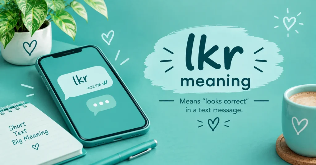 LKR meaning in text explained with a smartphone message, coffee mug, notebook, and teal background.